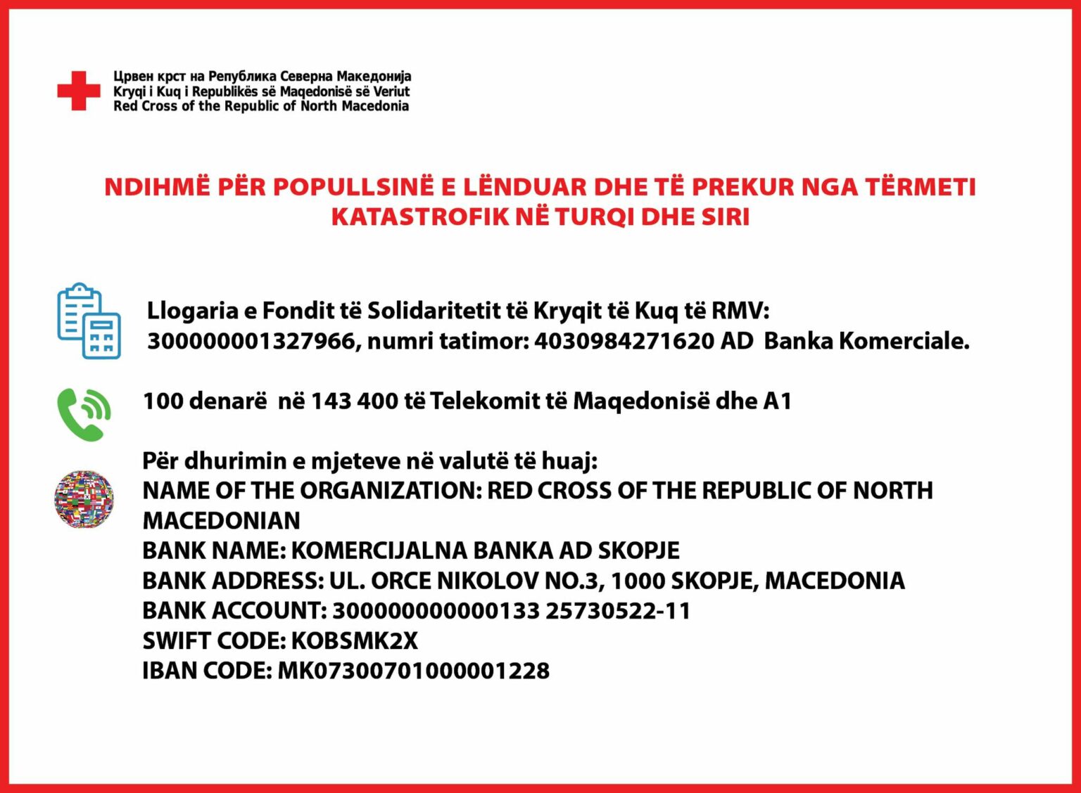 Ndihmë për popullsinë e lënduar dhe të prekur nga tërmeti katastrofik në Turqi dhe Siri.